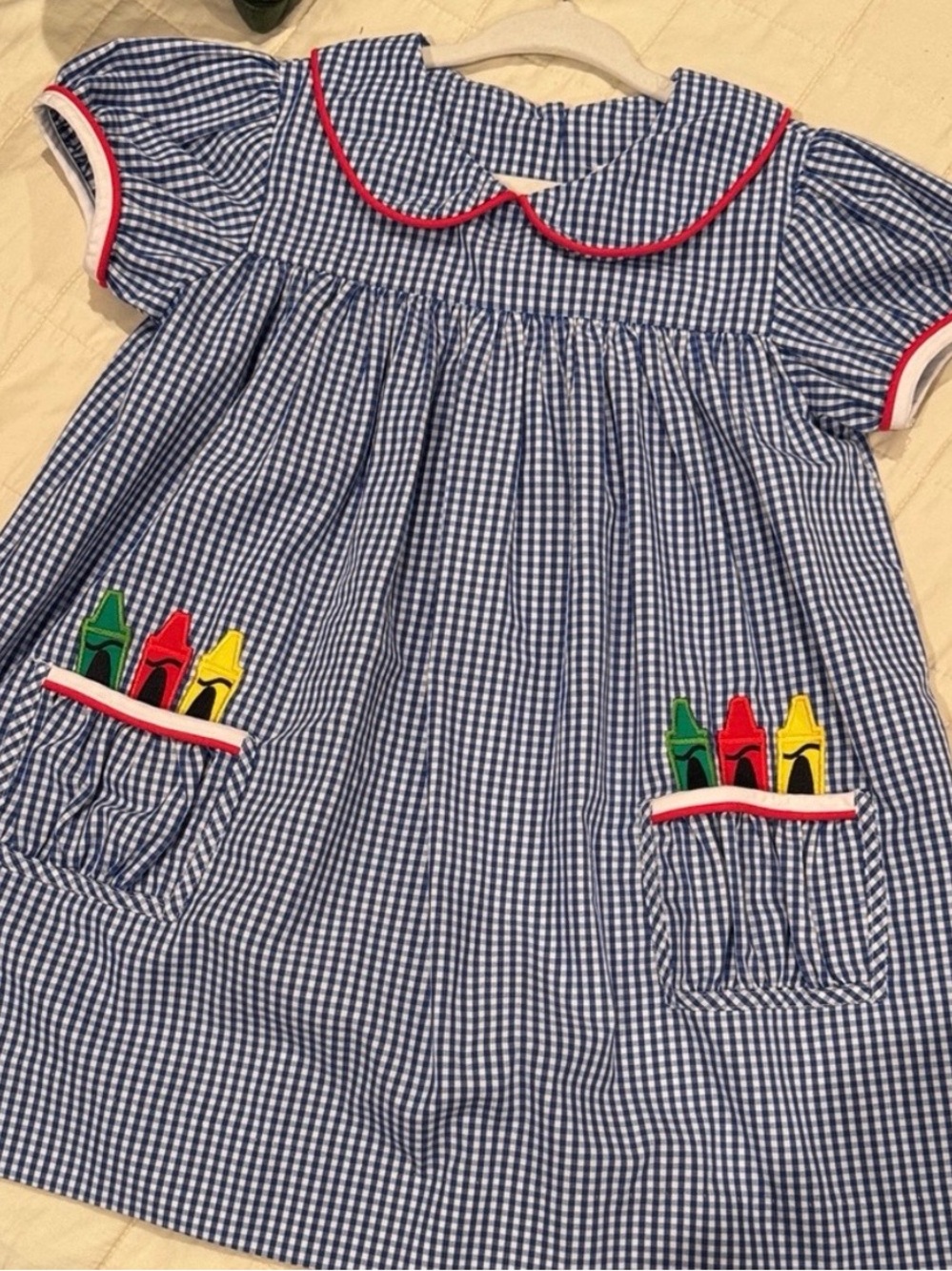 Stitchy Fish 3T Blue Gingham Dress with Crayon Pockets - school dress